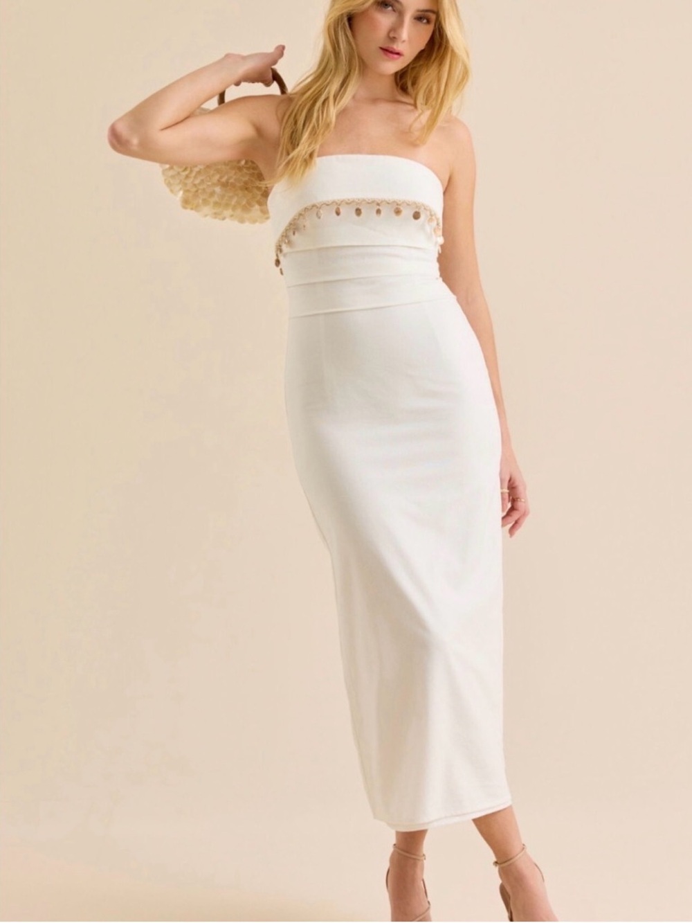 Altar'd State White Strapless Midi with Beads Detail